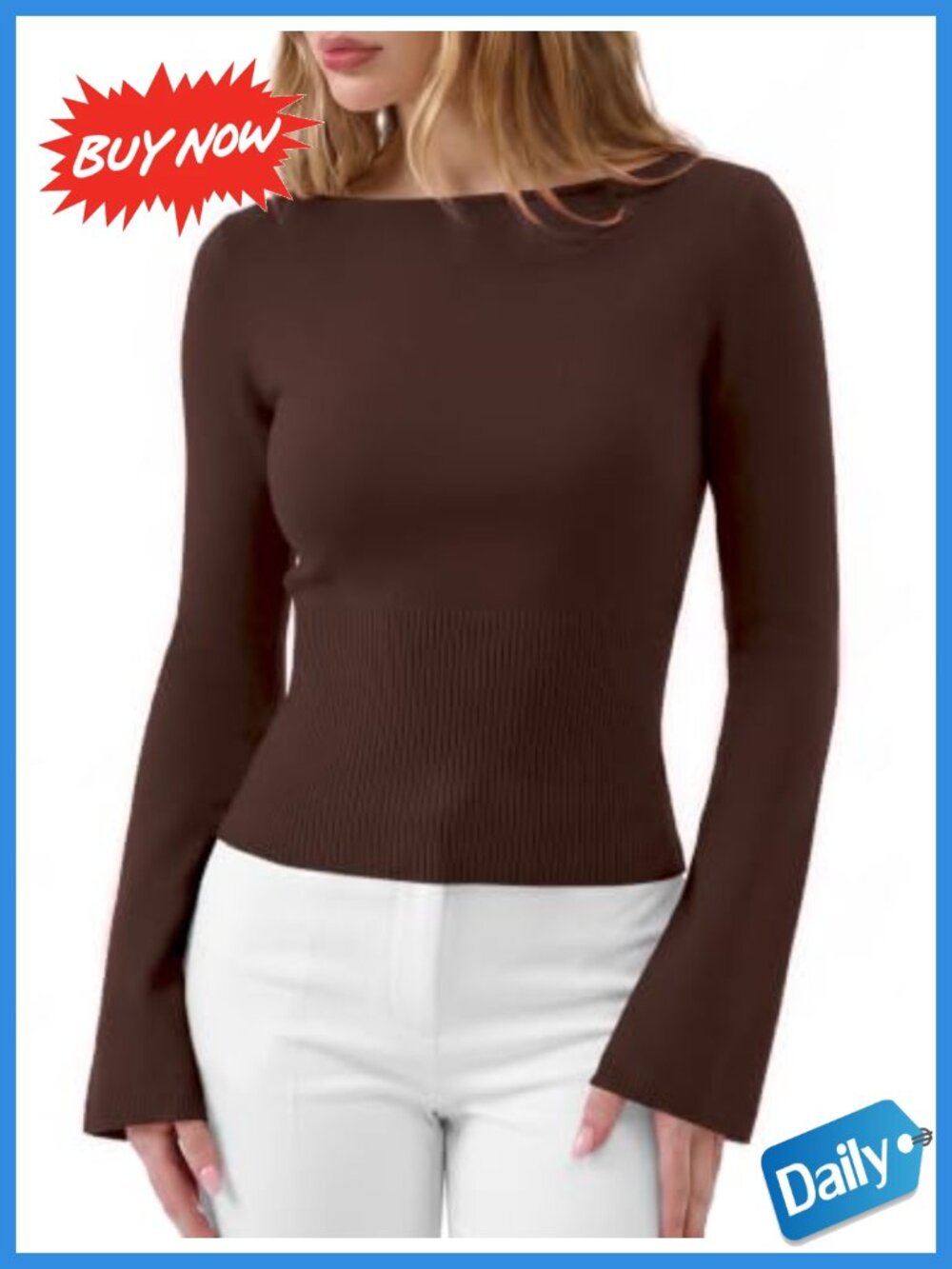 Cashmere Blend Cinched Waist Pullover Sweater Bell Sleeve Boat Neck Knit Top